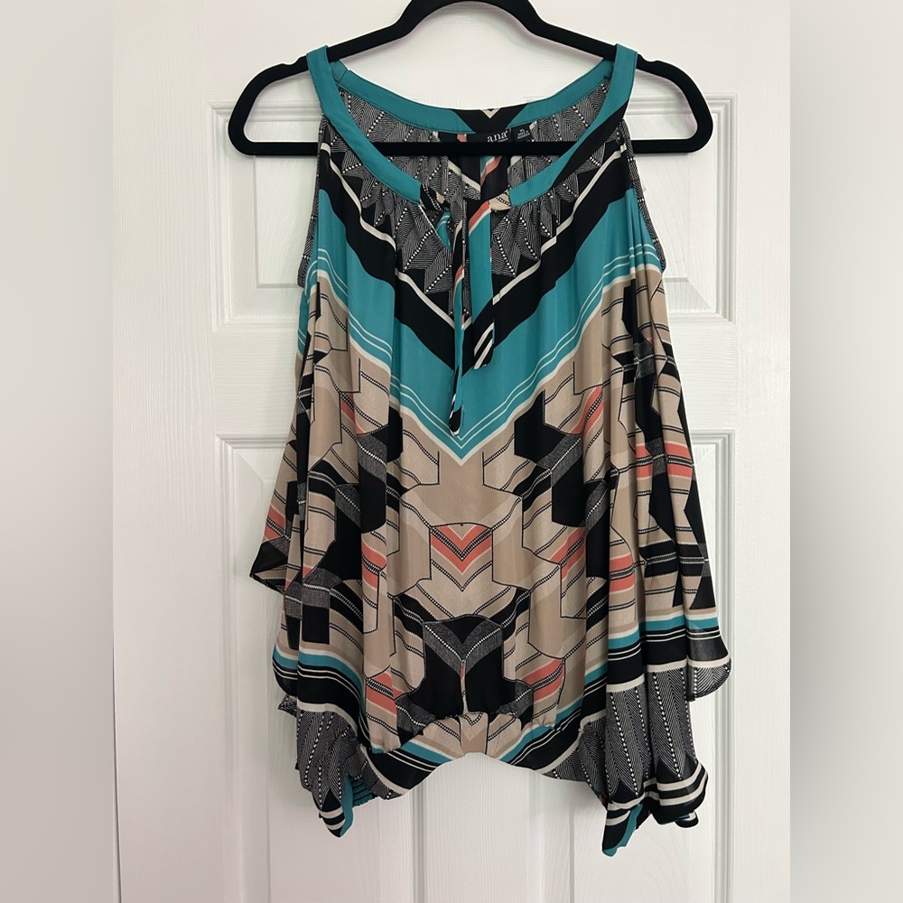 A.N.A Blue Black Asymmetrical with Cold Shoulder and tie front blouse